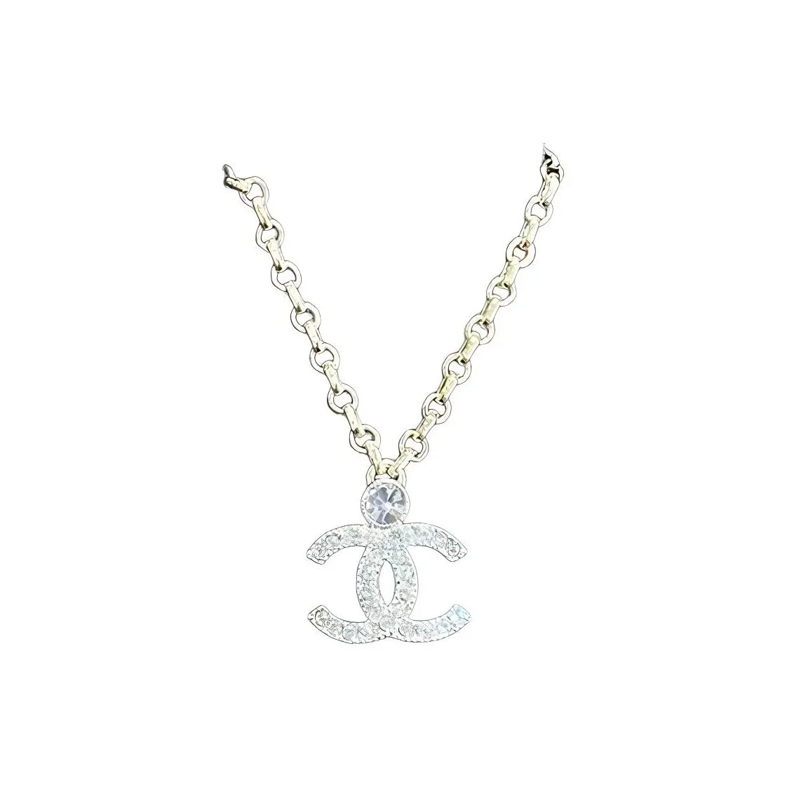 CHANEL Chanel 23K Light gold full diamond round diamond double c chain metal necklace Women's Silver