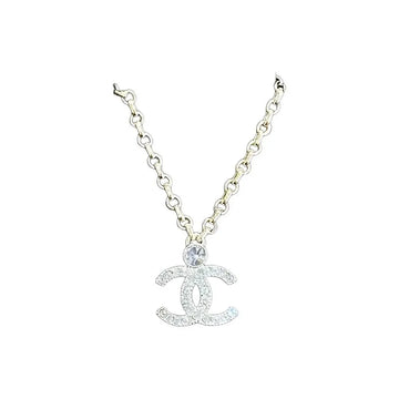 CHANEL Chanel 23K Light gold full diamond round diamond double c chain metal necklace Women's Silver