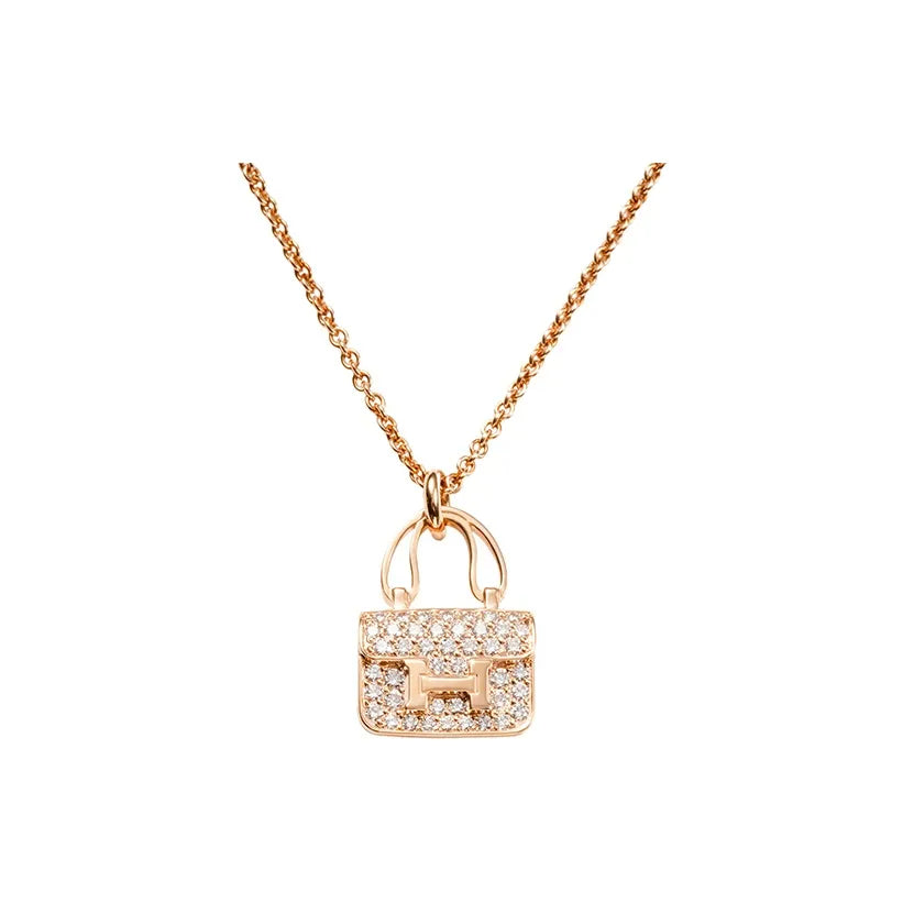 HERMES Constance Amulette Simple Fashion Bag Amulet Diamond Necklace Women's Rose Gold